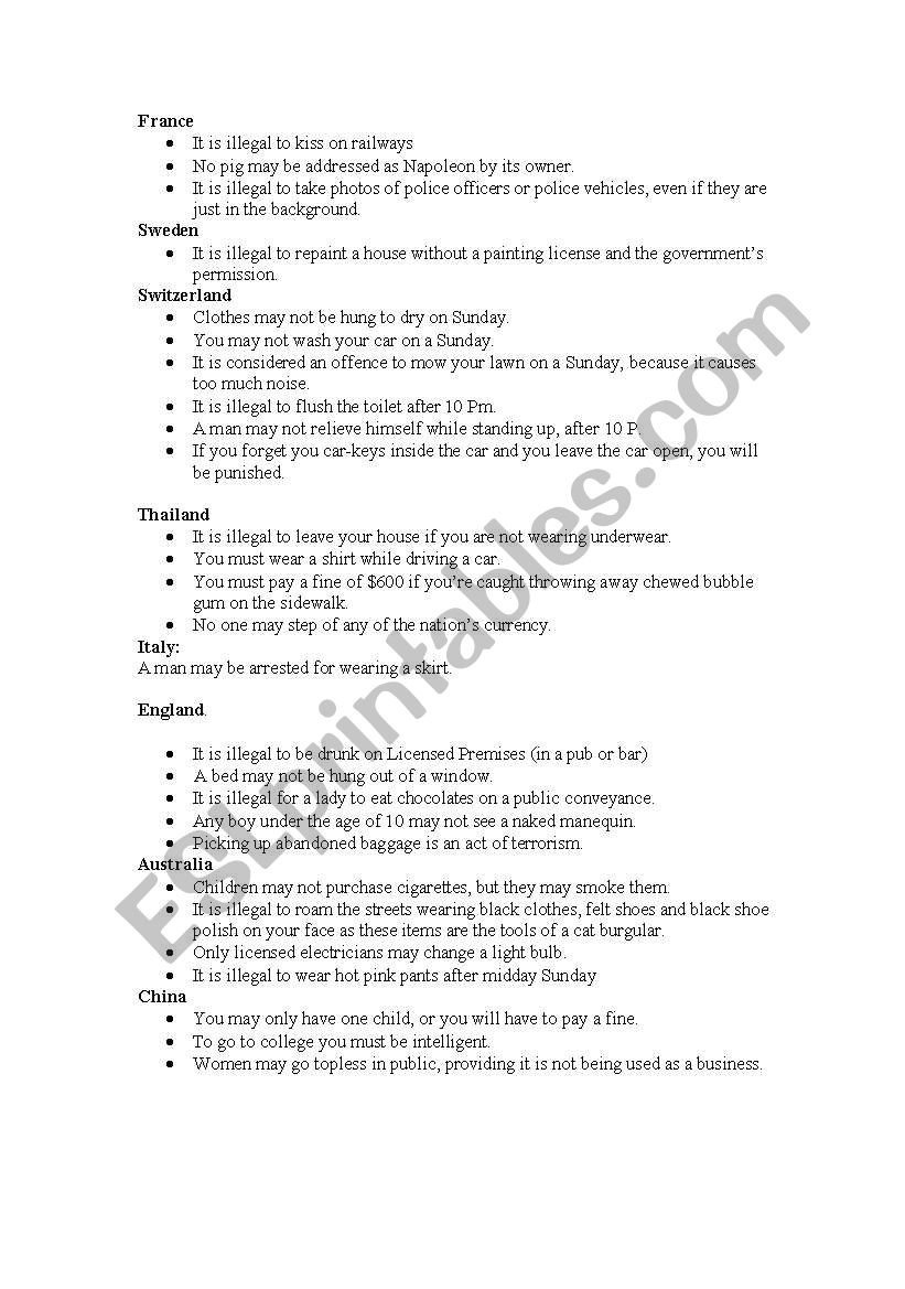 Dumb Laws worksheet