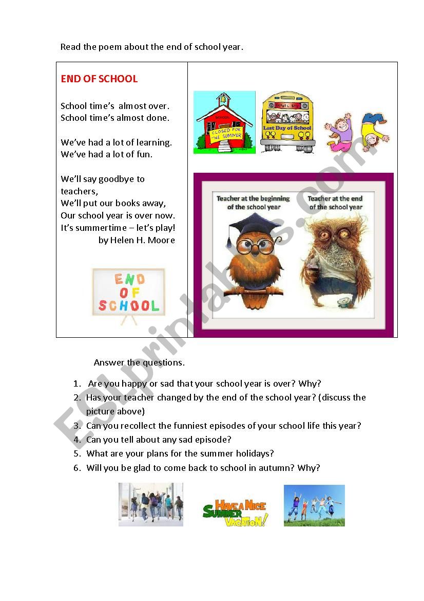 END OF SCHOOL (a poem) worksheet