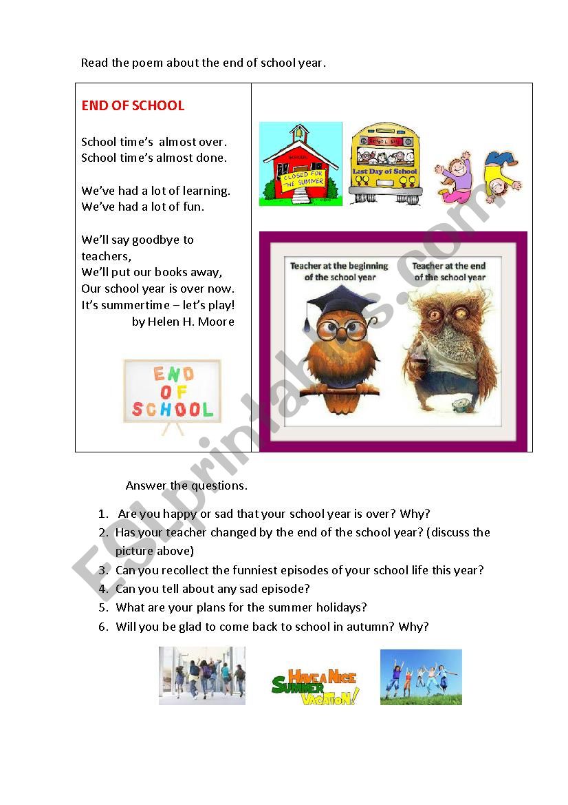 END OF SCHOOL (a poem) worksheet