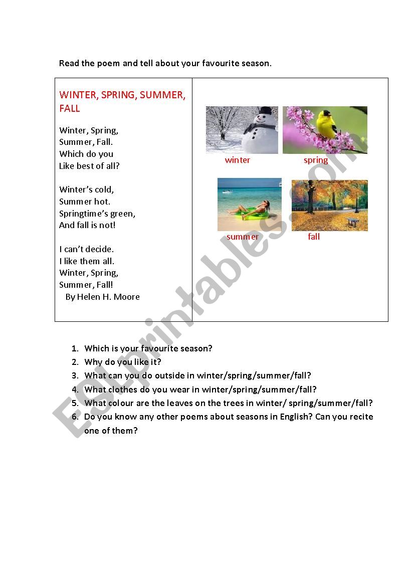 SEASONS (a poem) worksheet