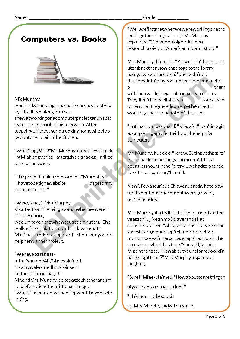 Computers Vs Books worksheet