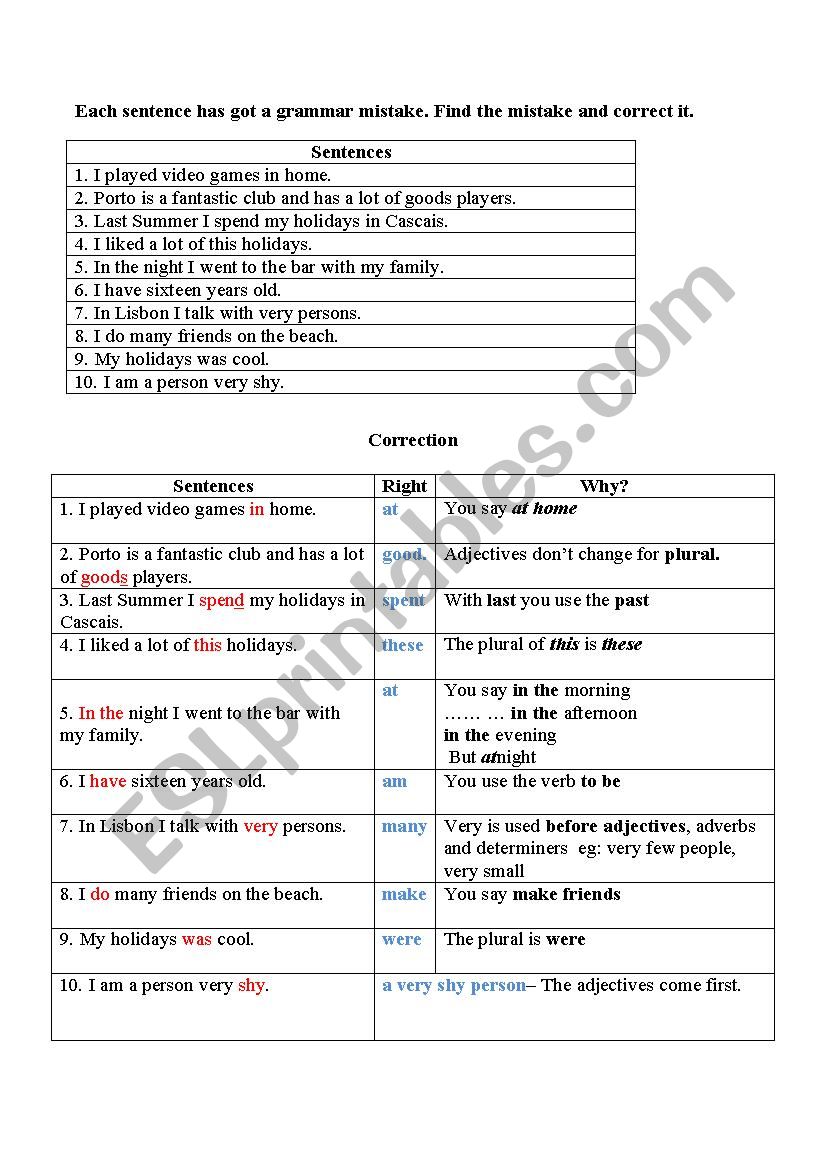 Finding grammar mistakes worksheet