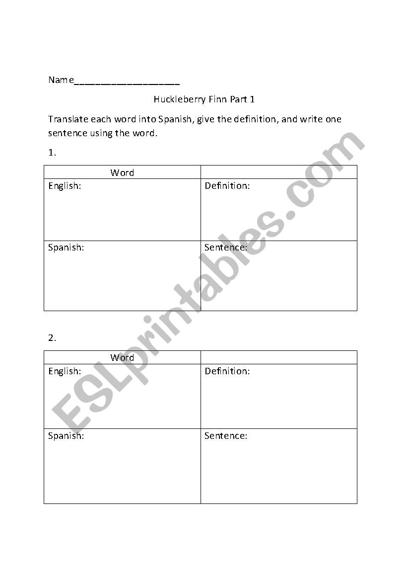 Huckleberry Finn, Part 1 worksheet