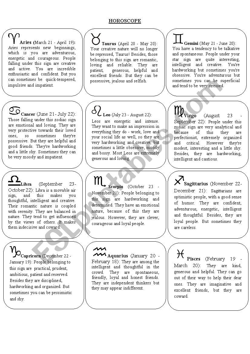 Гороскоп на английском. Horoscope Worksheets. Ежедневные гороскопы на английском. Horoscopes ESL.