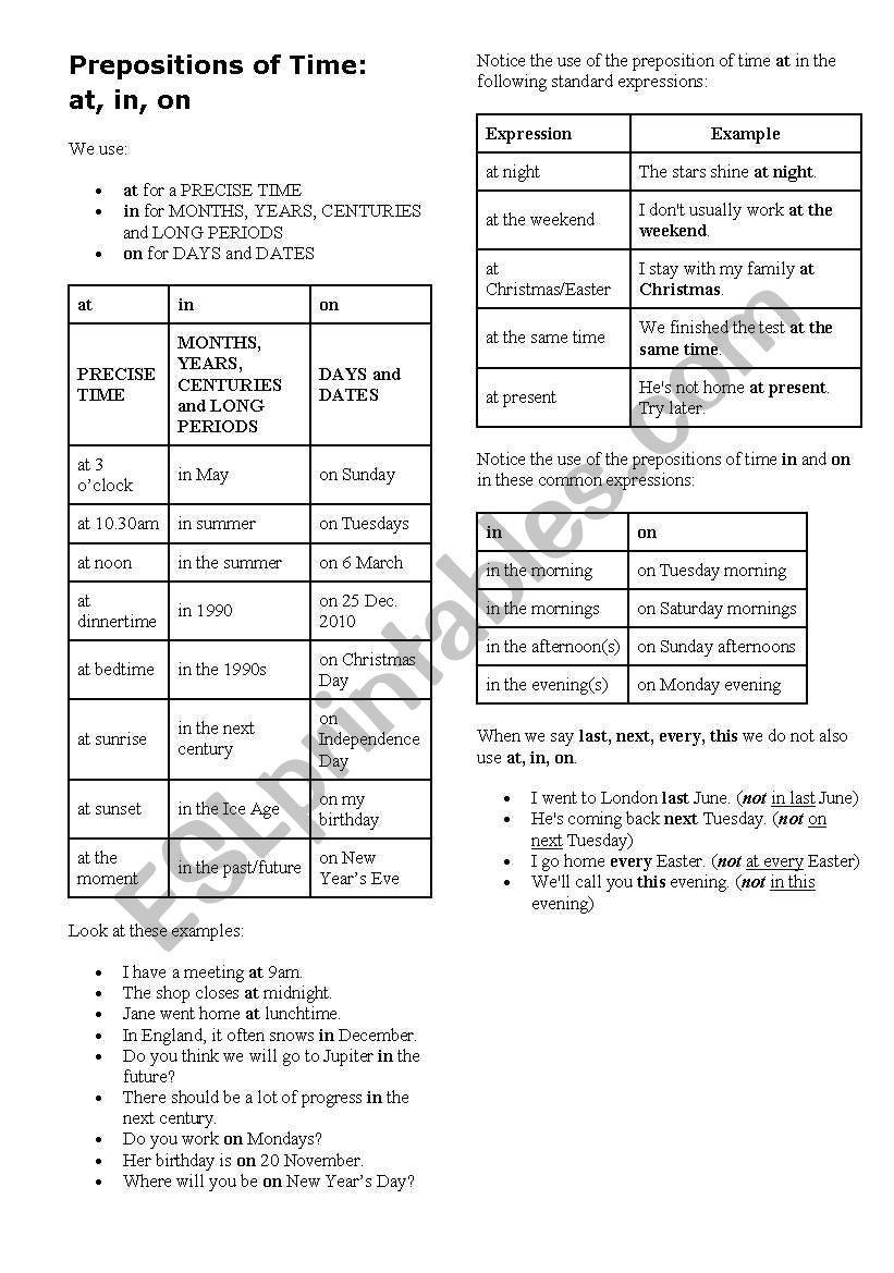 Prepositions of Time worksheet