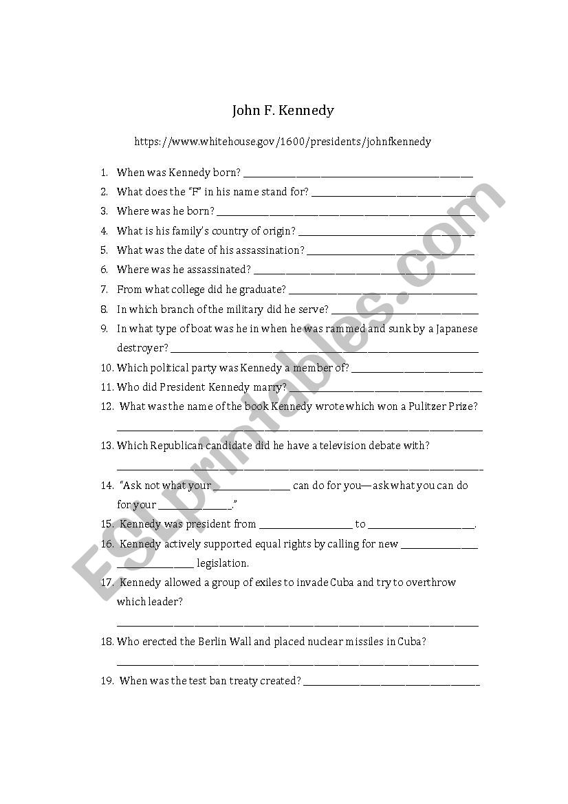 John F. Kennedy worksheet