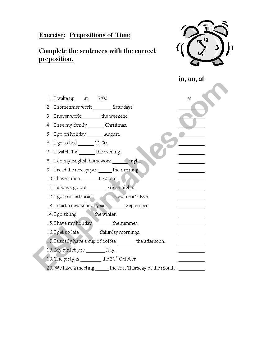 Prepositions of time - worksheet