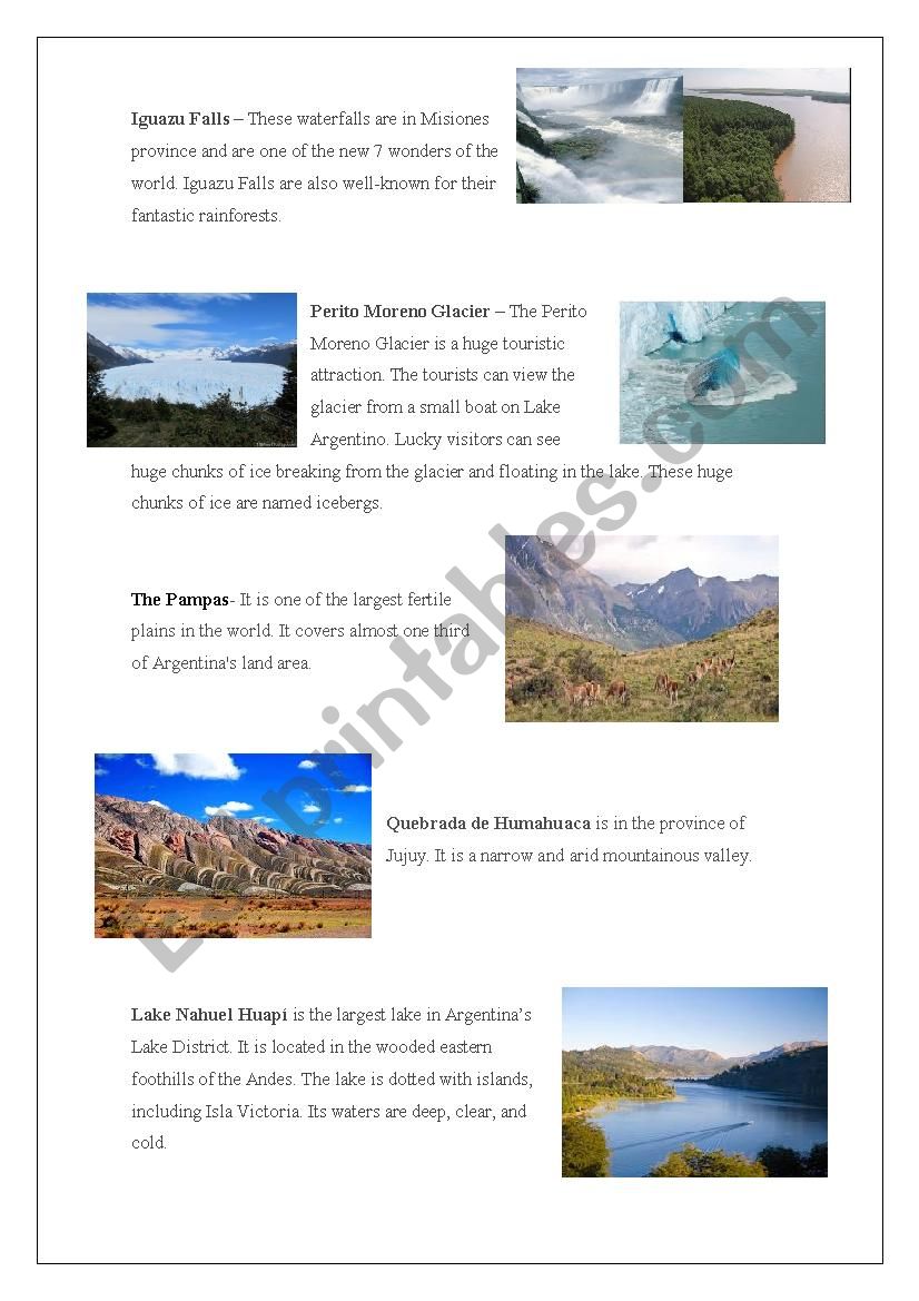 Touristic places in Argentina worksheet