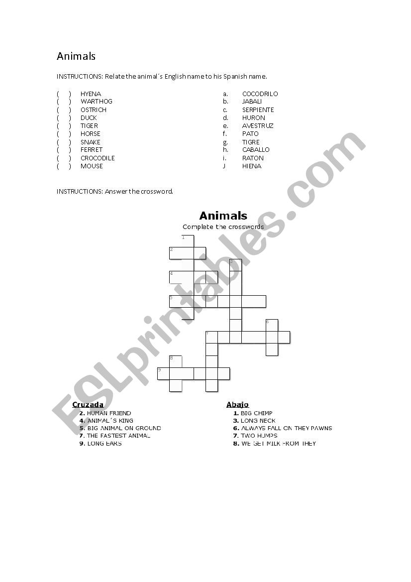 Exersise animals worksheet