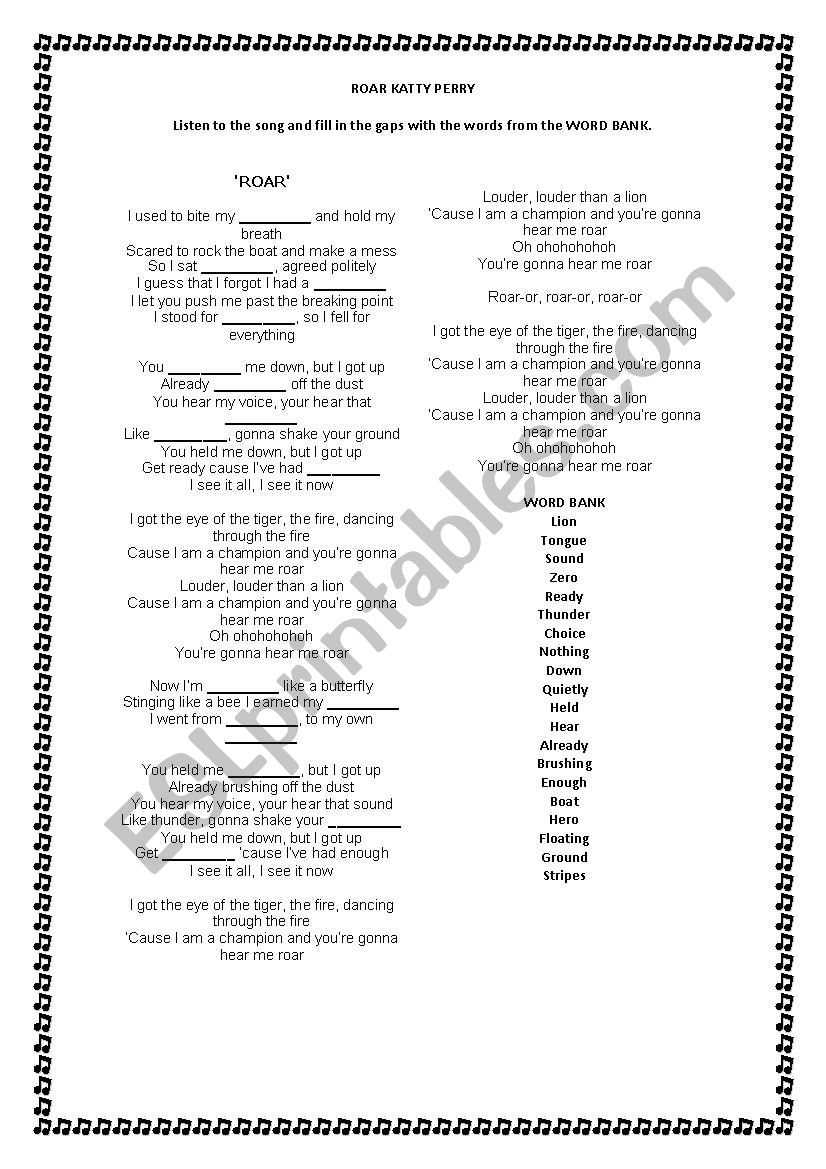 SONG ROAR KATTY PERRY worksheet