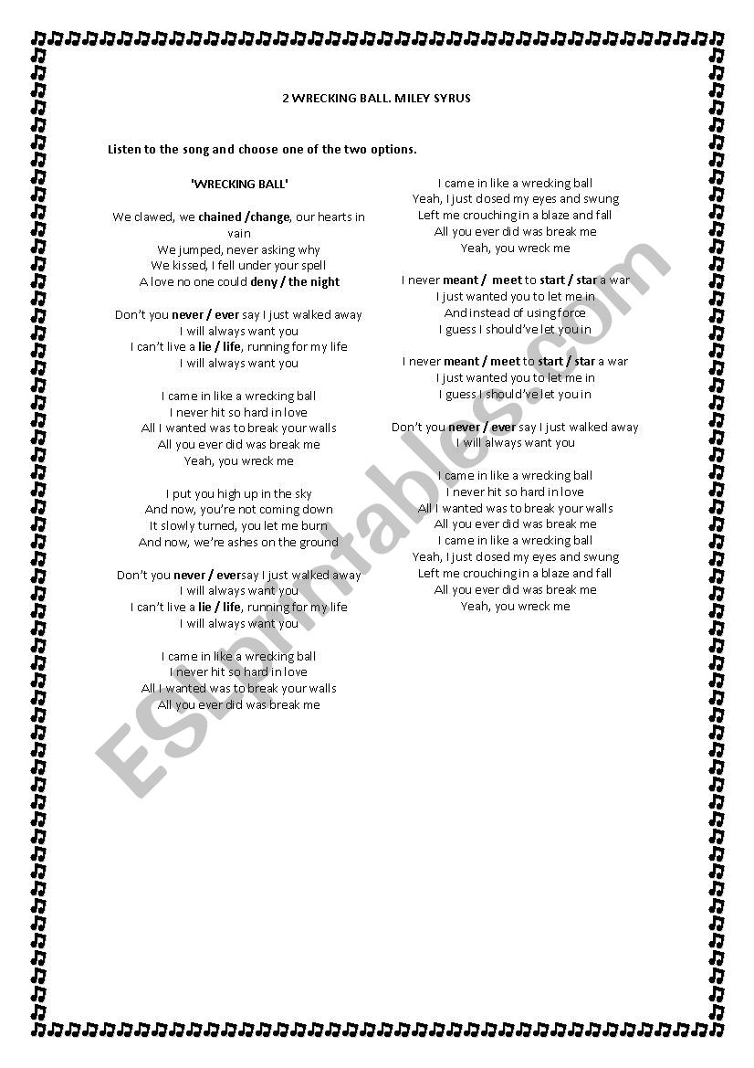 SONG WRECKING BALL worksheet