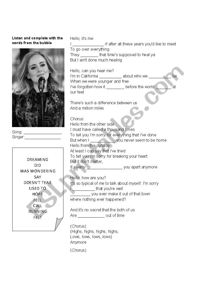 Practice tenses with Adele worksheet