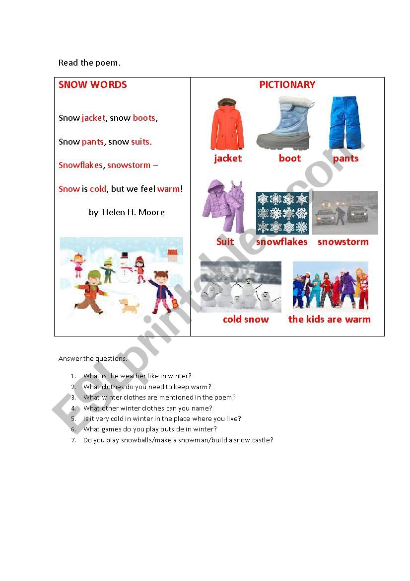 SNOW WORDS (a poem) worksheet