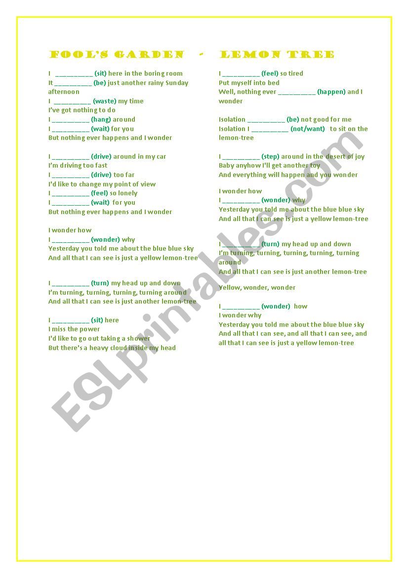 Lemon Tree worksheet