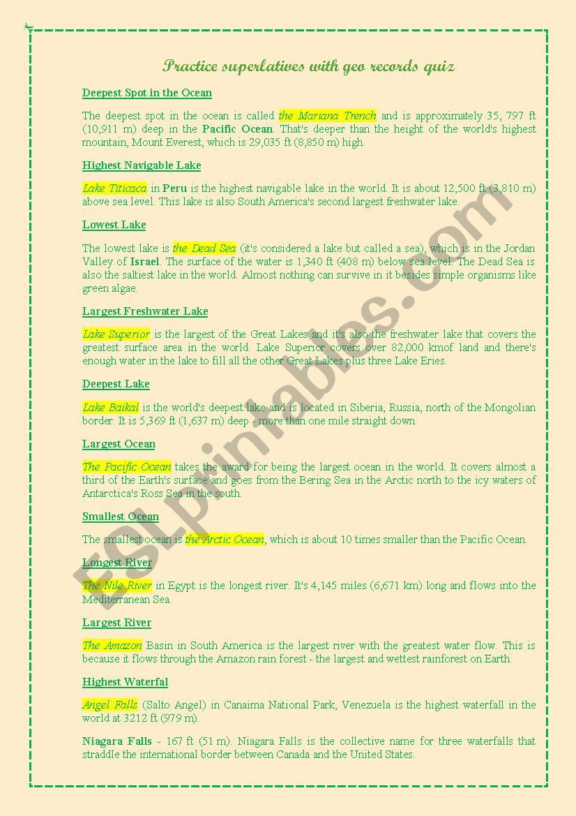 Superlatives practice with geo regords quiz