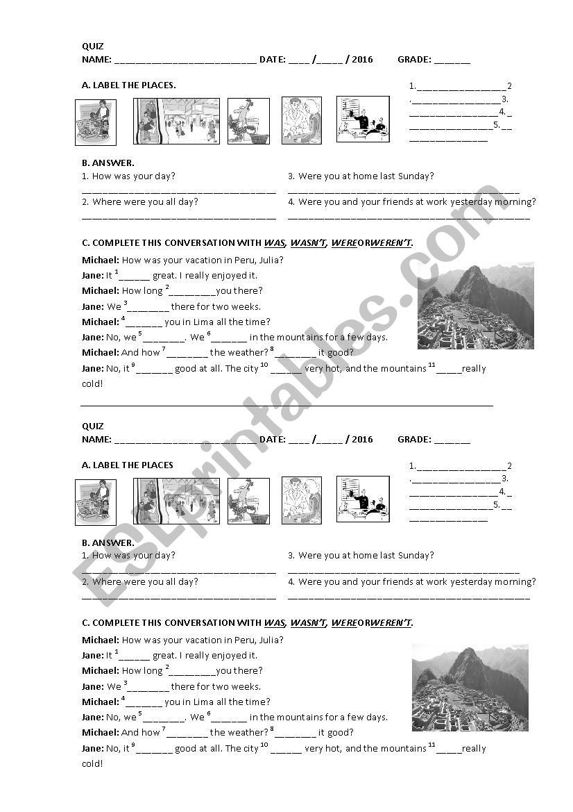 QUIZ - PAST OF BE  worksheet