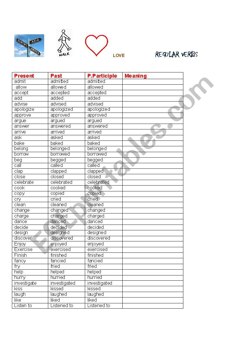 REGULAR VERBS LIST worksheet