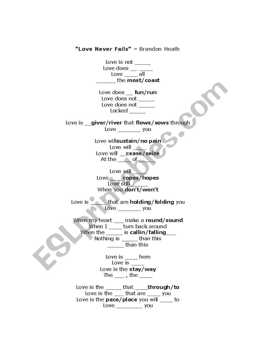 Love Never Fails Brandon Heath Song Lyrics Fill In The Blanks Worksheet Esl Worksheet By Jeshurun1