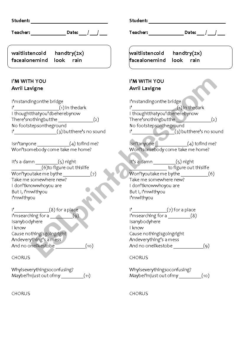 Im with you by Avril Lavigne worksheet