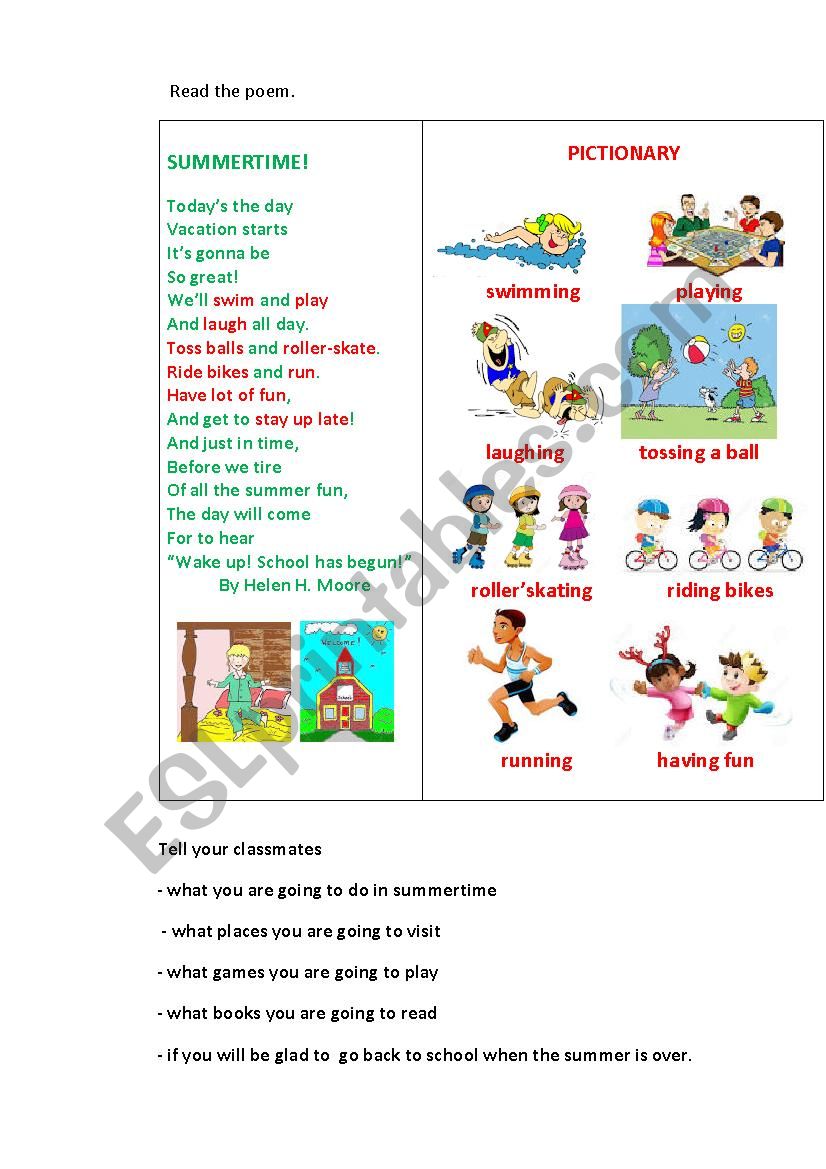 SUMMERTIME!  (a poem) worksheet