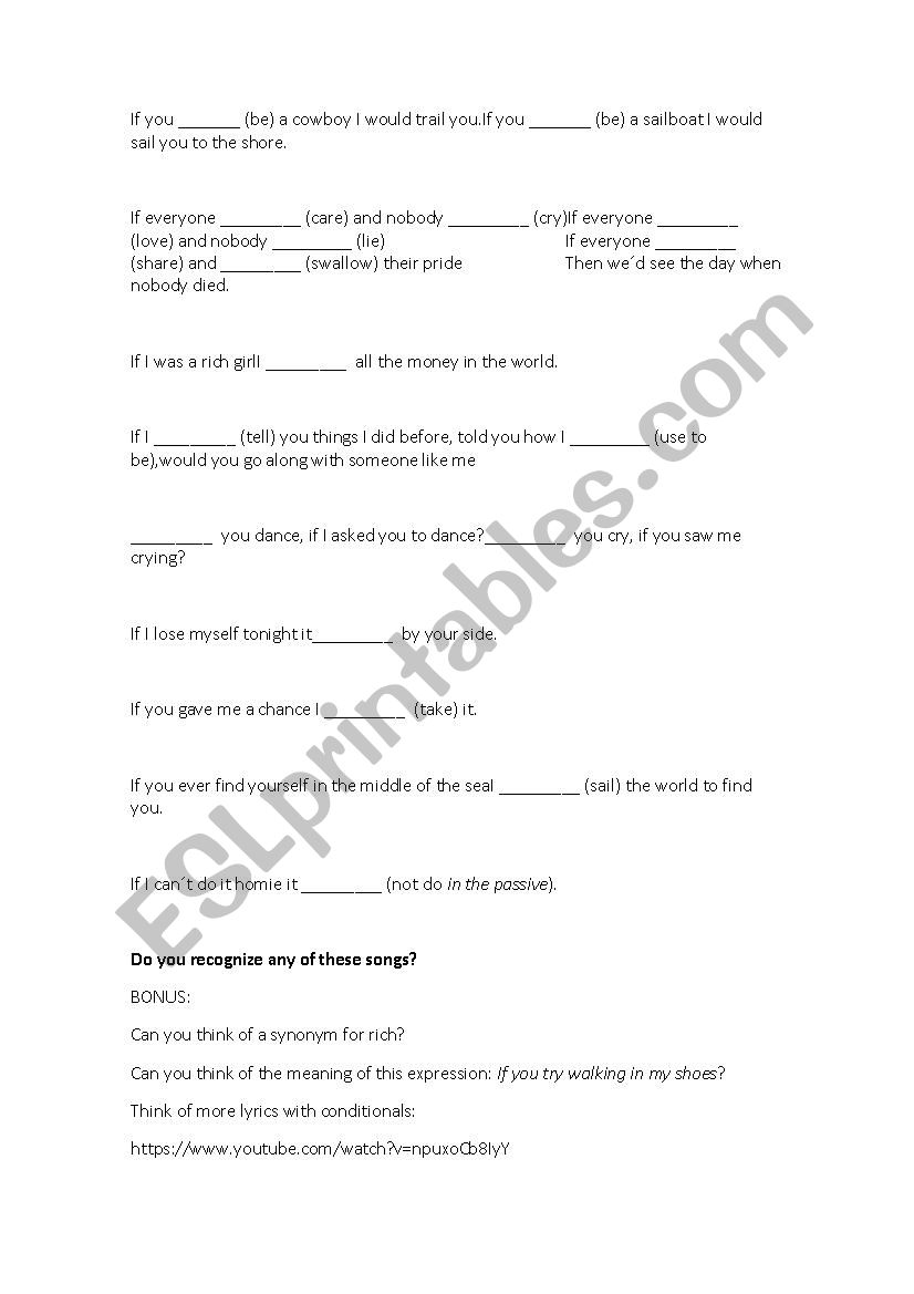 Conditionals in songs worksheet