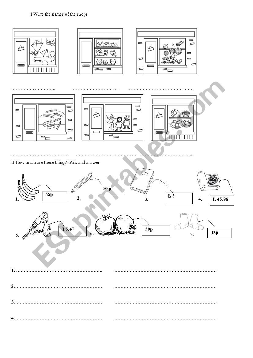 SHOPS, PRICES worksheet