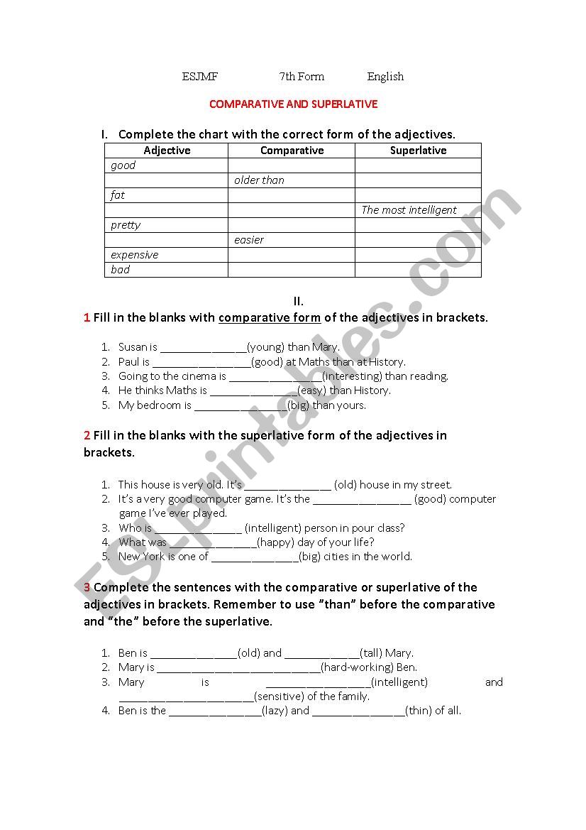 Comparatives and superlatives worksheet