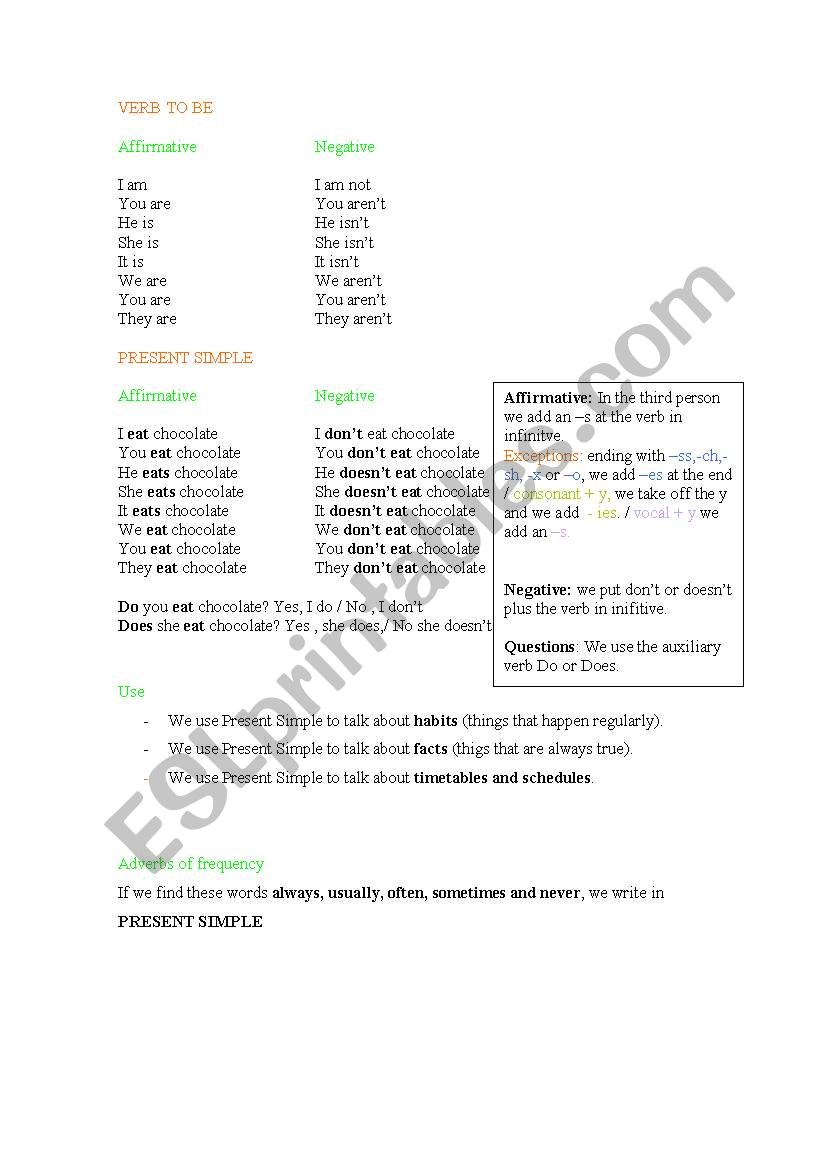 theory of verb to be, present simple and present continous