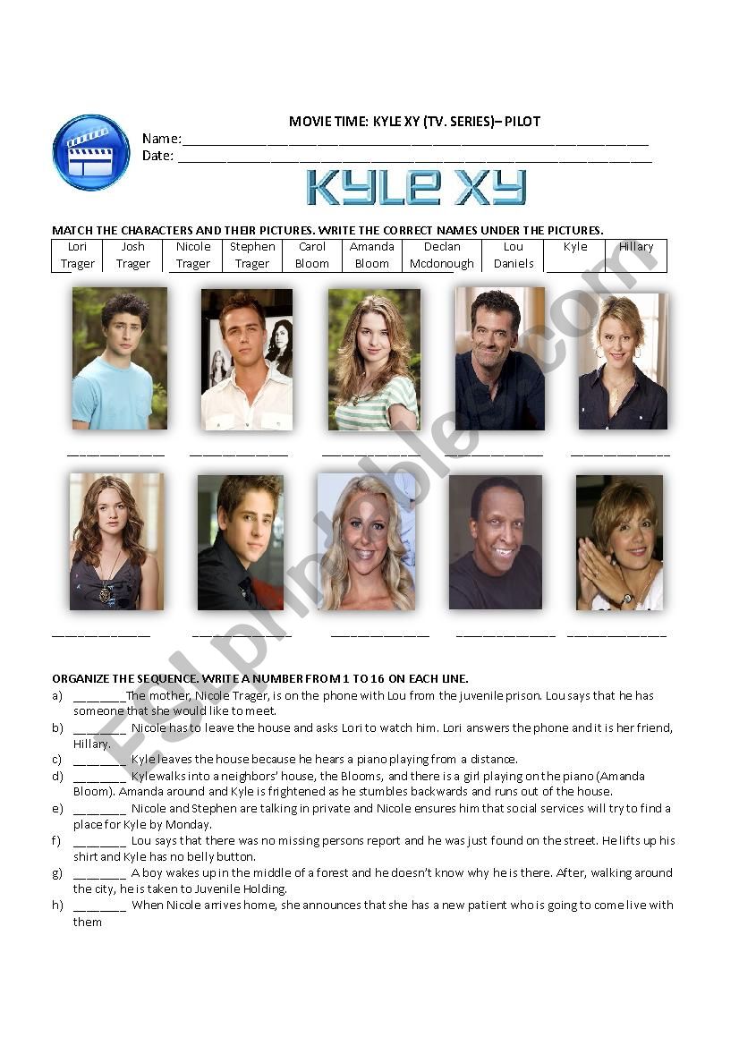 VIDEO WORKSHEET  KYLE XY (TV. SERIES)   PILOT  