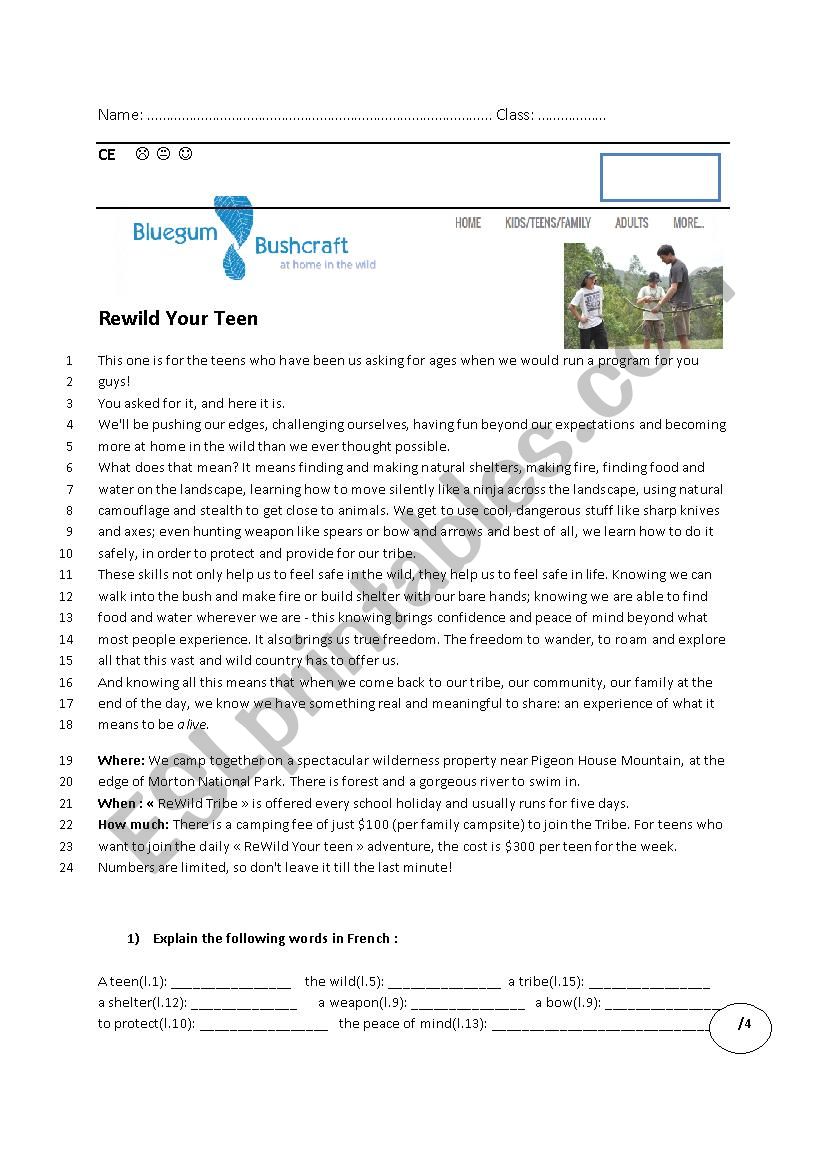 Survivor reading test  worksheet