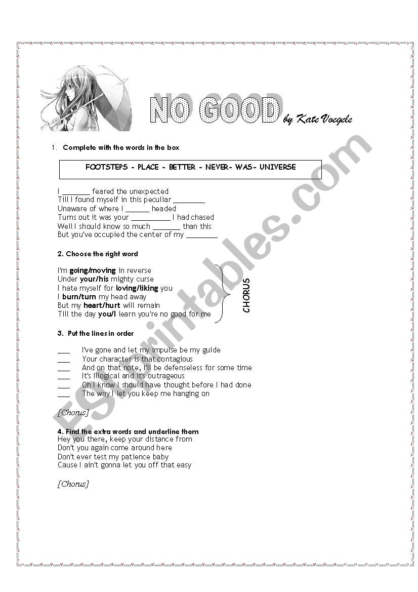 No Good by Kate Voegele worksheet