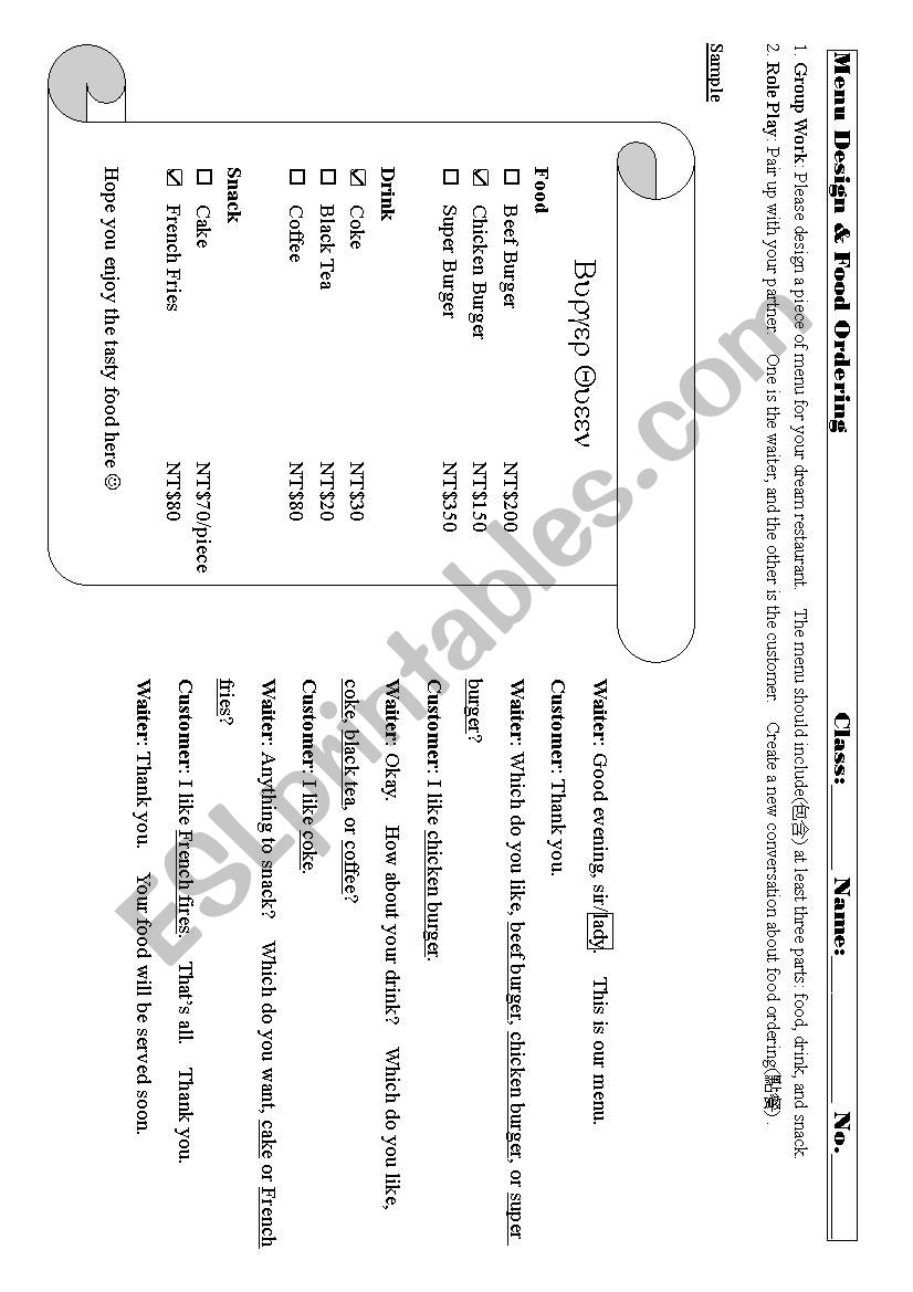 Menu Design and Food Ordering worksheet