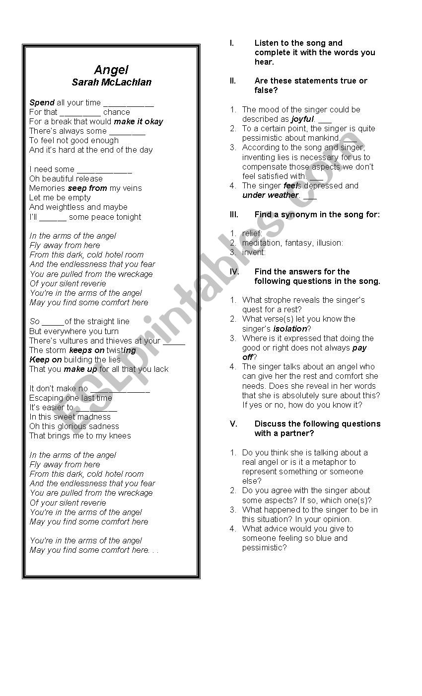 Angel - Sarah McLachlan worksheet