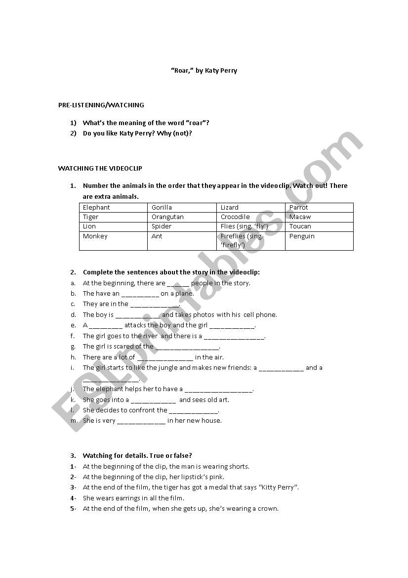 Roar, by Katy Perry (song) worksheet