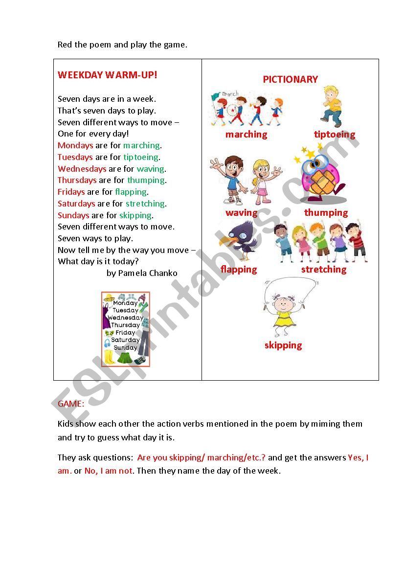 WEEKDAYS WARM UP! (a poem) worksheet