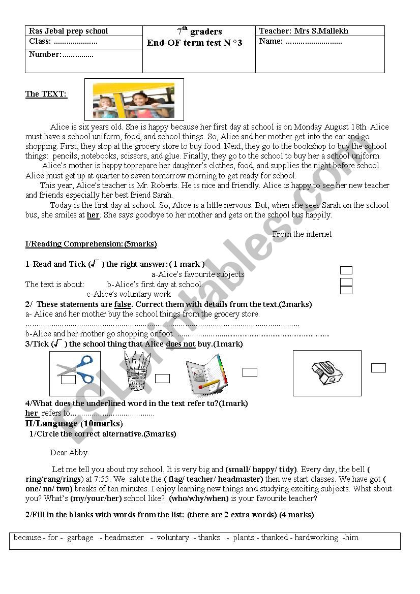 end 3 7th form worksheet