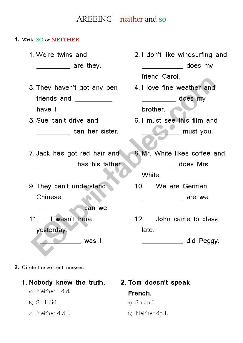 Agreeing - so and neither worksheet