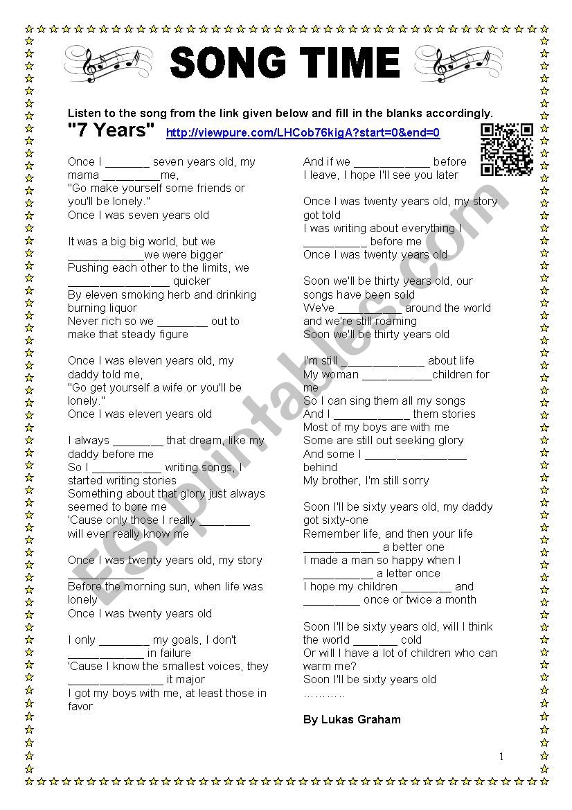 7 YEARS-SONG COMPLETION worksheet