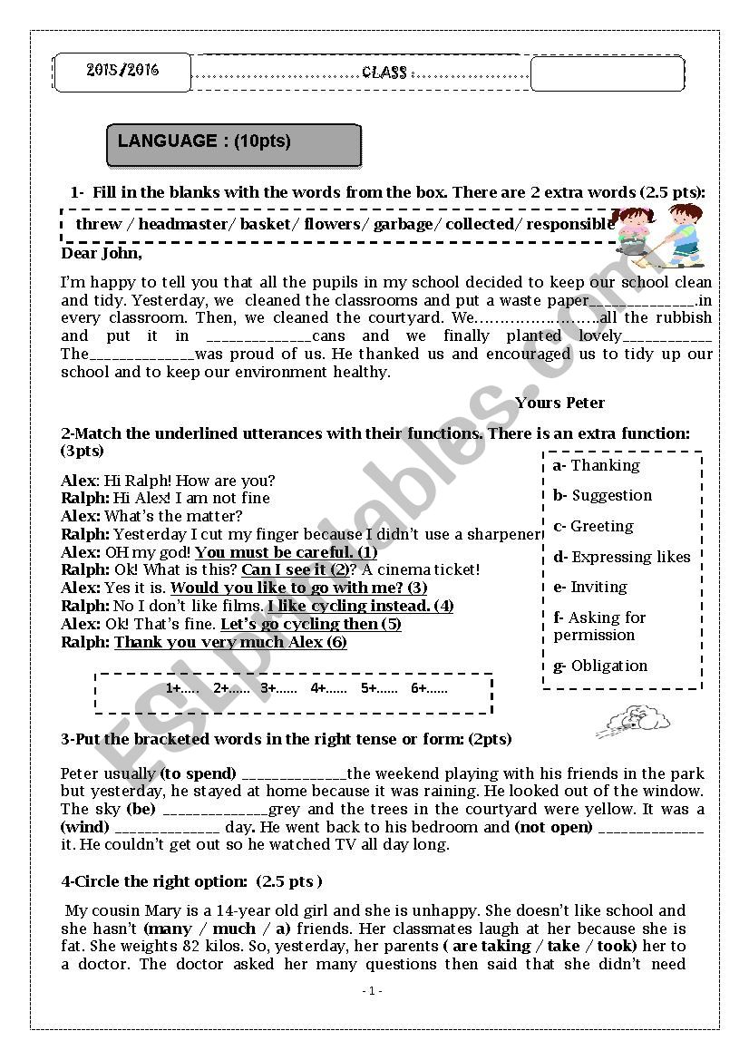 7th Form end of term test 3 worksheet