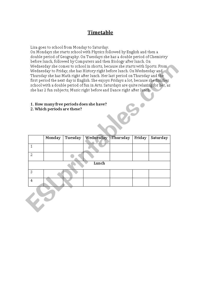 Timetable (Listening/Reading) worksheet