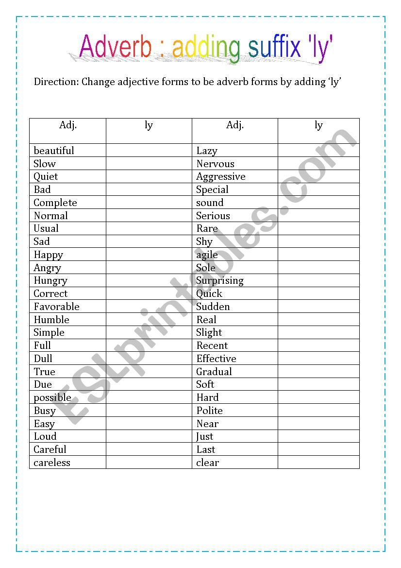 Adverb: adding suffix ly worksheet