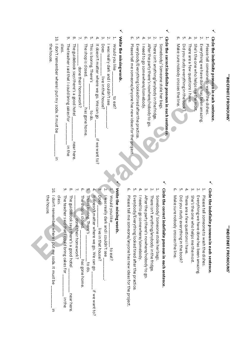 Indefinite pronouns worksheet