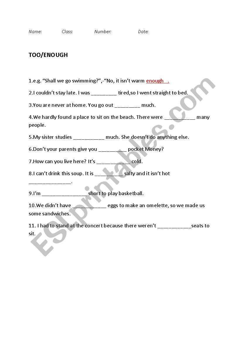 Too/Enough Worksheet worksheet