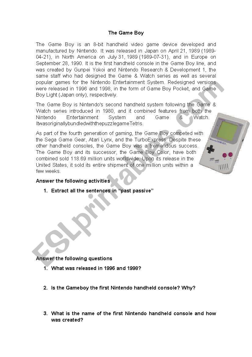 The gameboy worksheet