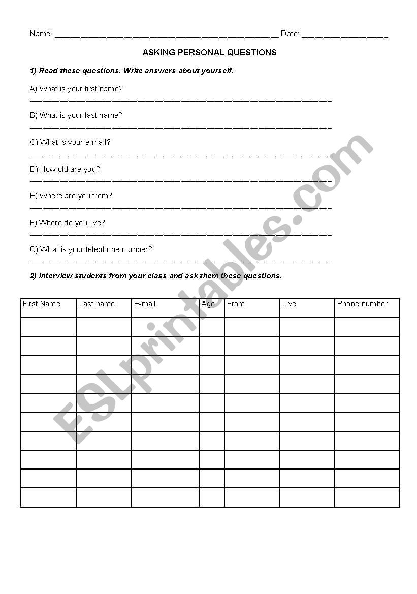 Personal questions worksheet