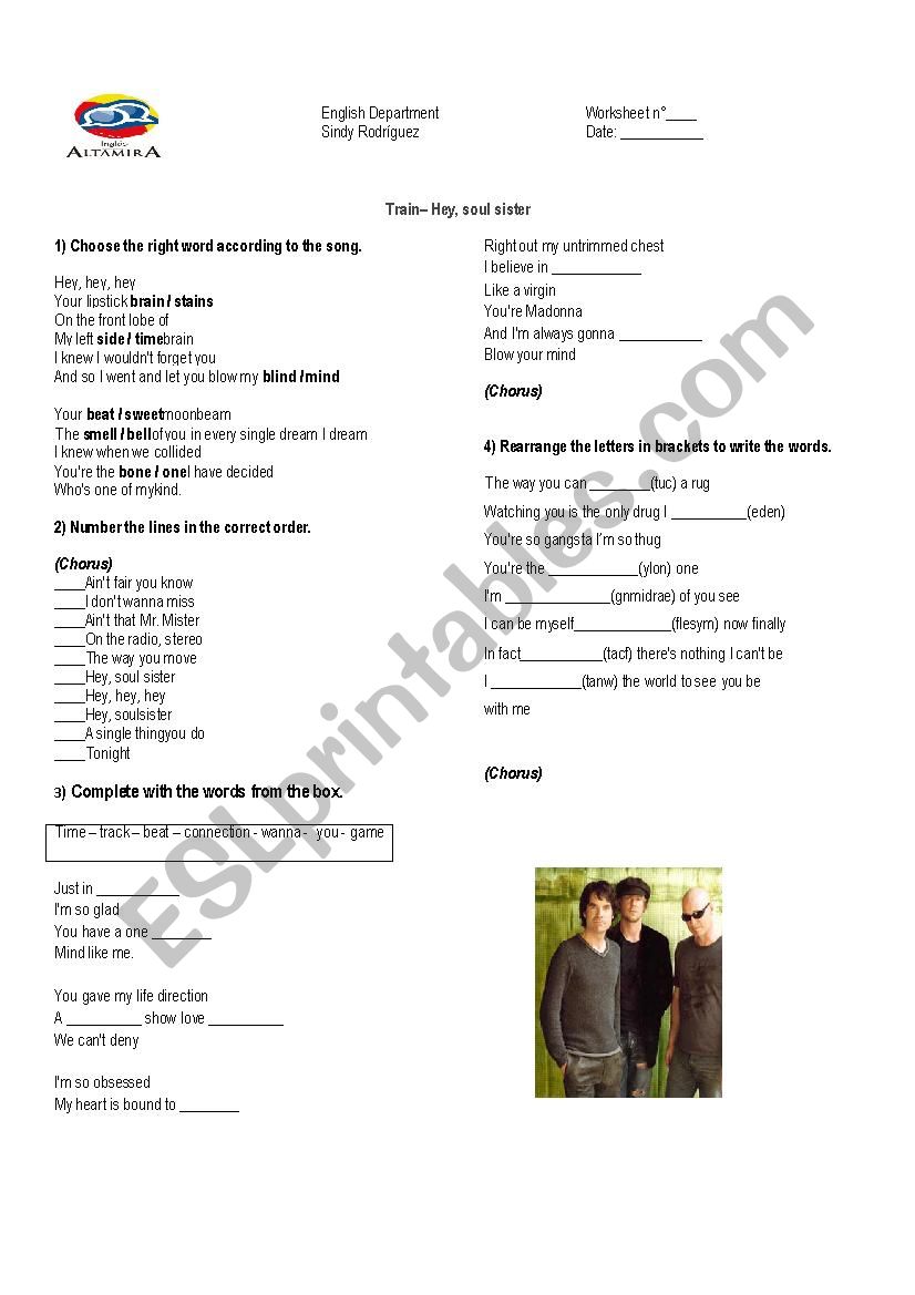 Hey soul sister - Train worksheet