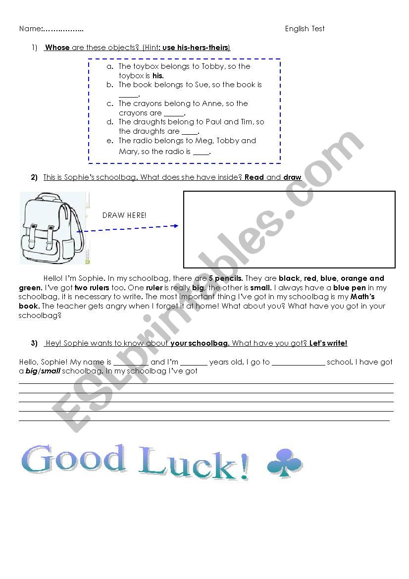 School Objects worksheet