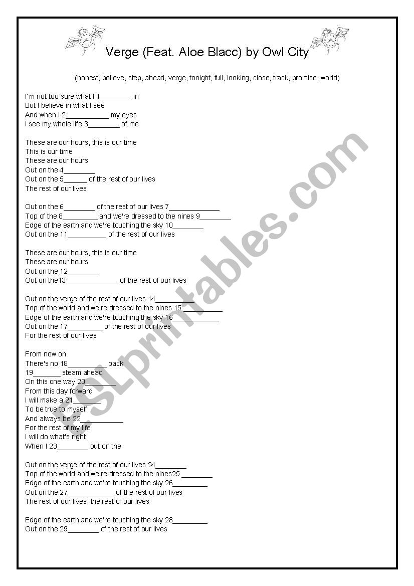 Verge by Owl City worksheet