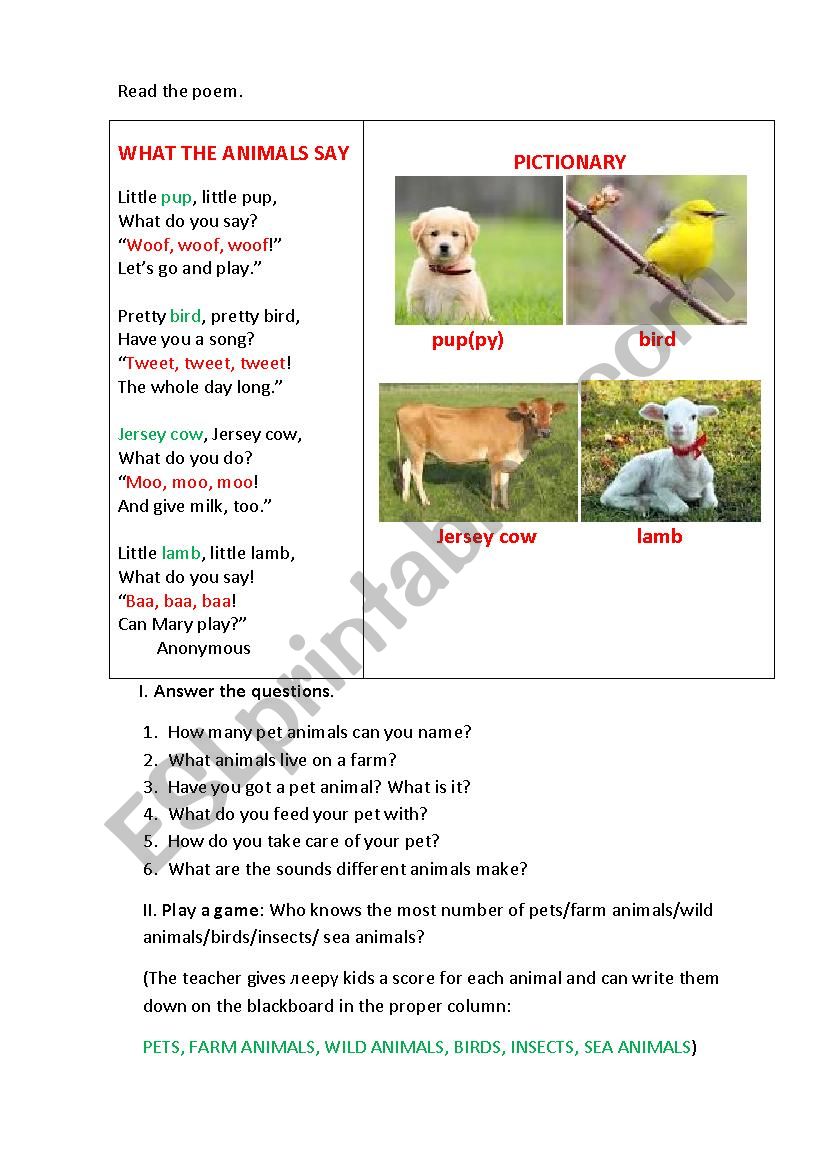 WHAT THE ANIMALS SAY (a poem) - ESL worksheet by korova-daisy