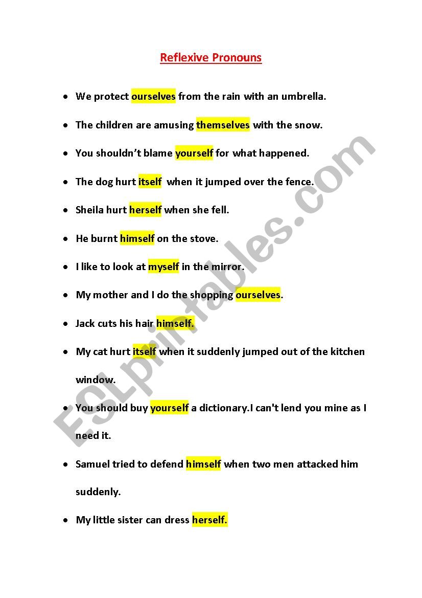 reflexive pronouns worksheet